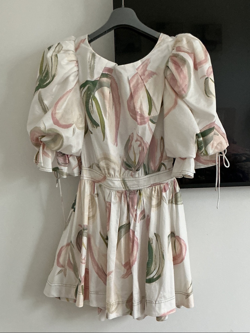 Aje Cream Floral Puff-Sleeve Mini Dress in Pink & Green